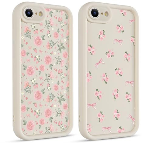 Coiwxmoi 2 Stück Handyhülle für iPhone 7/8/SE2020/SE2022 Hülle, Aesthetic Blumen Flower Muster Design Mädchen Frauen Schutzhülle, Silikon Cover Erhöhte Displayränder Case für iPhone SE 4,7, Rosa