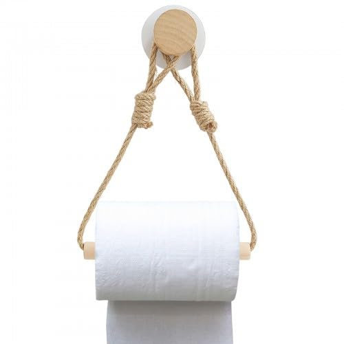 Porte Rouleau Papier Toilette, Porte-Papier Autocollant en Bois, Derouleur Papier Toilette Murale avec Autocollant et Corde de Chanvre, Porte-Serviettes Mural pour Cuisine, Bain