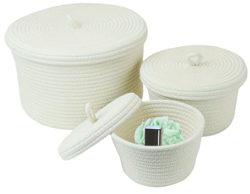Panier de rangement rond de 3pcs, panier corde en coton boho tissé avec couvercle, jolie boîte rangement pour stocker des jouets, du fil et des petits articles, blanc