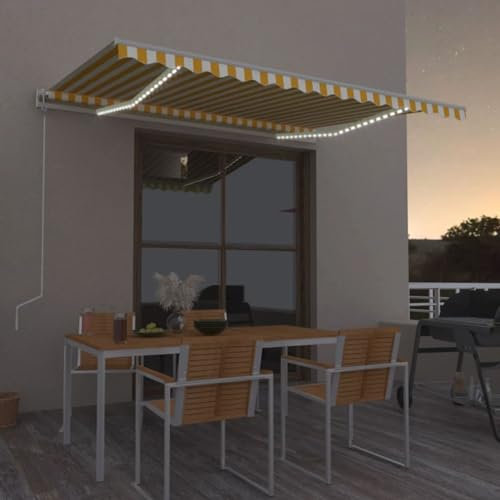IKAYAA Elektrische Gelenkarmmarkise 450 x 300 cm mit LED Windsensor Markise Automatisch Sonnenmarkise, Sonnenschutz, Terrassenmarkise, Klemmmarkise, Gelb und weiß
