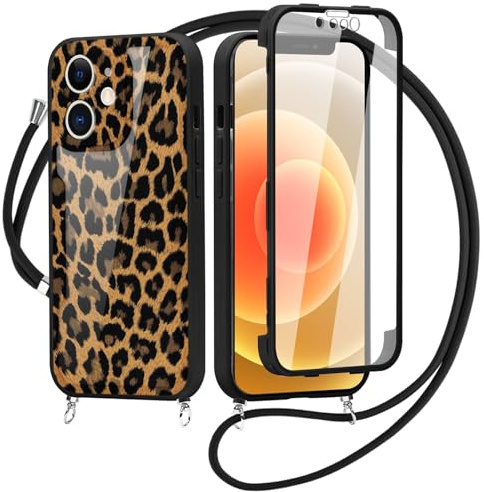 Saqmkil 360 Grad Handyhülle Handyband für iPhone 12 6,1'' Hülle mit Band, Fullbody Aesthetic Muster Design Schutzhülle mit Integriertem Displayschutz, Transparent Hülle zum Umhängen, Leopard 01