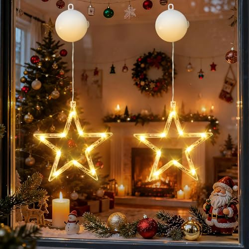 HELESIN LED Sterne Weihnachtsbeleuchtung 2 Stück, Timer 2 Modi Weihnachtsdeko Fenster Lichter, Saugnapf Lichterkette Fenster mit Batteriebetrieb, Stern Beleuchtet für Fest Hochzeit Weihnachten Deko
