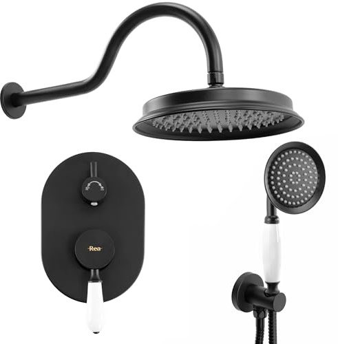Set doccia da incasso nero – Elegante sistema doccia in ottone nero opaco per bagni moderni – Kit doccia completo con box elegante e design