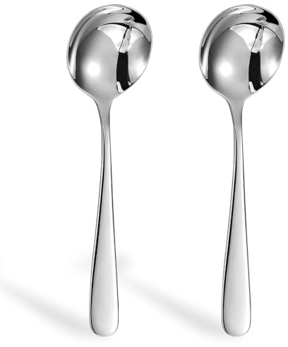 QZKJQDD Soup Spoon 2 Pieces Set, Stainless Steel Round Stainless Steel Bouillon Spoons, for Celebrations, Family Dinners, Hotel, Restaurants, Cereal Spoons & Sugar Spoons & Table Spoons (18.8cm)