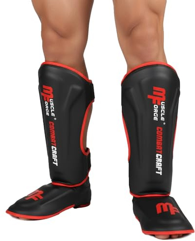 MuscleForge Protège Tibias Boxe Taille L – avec Protection du Pied pour Muay Thai, Kickboxing & MMA – Mousse EVA Haute Densité, Similicuir PU, Sangles Ajustables, Confort & Stabilité