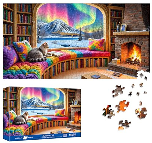 Reofrey Puzzle 1000 Teile - Aurora Cat, Spezialform Puzzle Für Erwachsene, 41x80cm Unmögliches Klassische Puzzles, Familienspiel & Wanddekoration Puzzle-Liebhaber