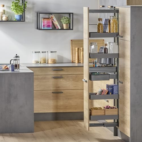 SOTECH Dispensa-X Apothekerauszug ANTHRAZIT 1200-1600 mm SoftstopPlus, Clickfixx und 4 Einhängetablare mit Antirutschmatte für 300 mm breite Schränke, Tragkraft 100 kg für Nobilia Apothekerschränke