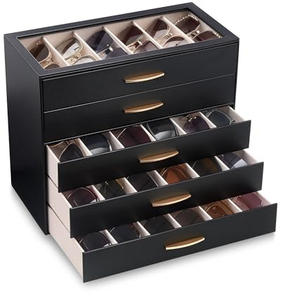 Lolalet Sonnenbrillen Aufbewahrung, Brillenkoffer mit transparentem Glasdeckel Display, Brillenbox Sunglasses Organizer für die Aufbewahrung mehrerer Brillen Schmuck Uhren