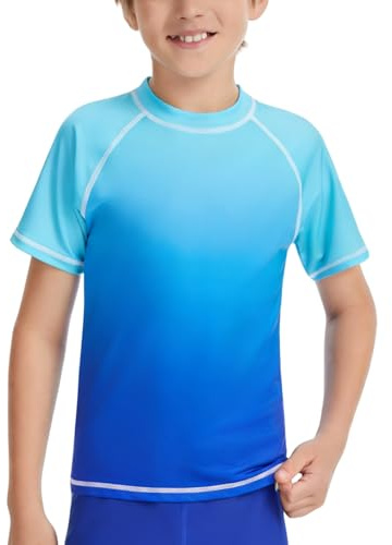 AMZSPORT UV Shirt Kinder Jungen Kurzarm Schwimmshirt Schnelltrocknend Badeshirt Badebekleidung, Blau Farbverlauf L