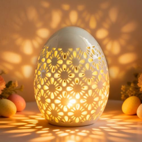 Osterdeko LED Ostereier Keramik,Porzellan Osterei mit Beleuchtung Osterdeko Tisch Leuchtende Ostereier Keramik Batteriebetrieben Frühlingsdeko Ostern Eier Nachtlicht Tischlampe für Ostergeschenke (D)