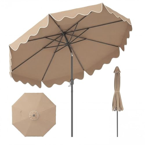 RELAX4LIFE Parasol Inclinable 2,7M | Parasol de Jardin Extéieur 2,7M | Inclinaison 30° | Volants Ondulés | Polyester Résistant | Baleines Renforcées | pour Balcon Terrasse (2,7x2,35 M,Marron)