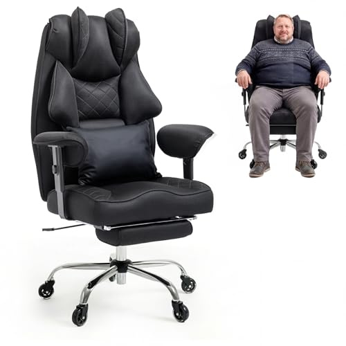 Asukale Ergonomischer Bürostuhl 200kg, XXL Chefsessel Fußstütze Homeoffice | XXL Schreibtischstuhl Ergonomisch, 90–135° Rückenlehne, W-Form Sitzkissen, Lendenkissen, Mesh Stoff Schwarz