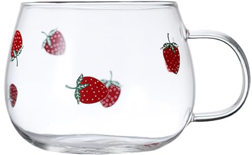 Luxshiny Tasse à Café en Verre Transparent Anse, Grosse Capacité, Facile à Nettoyer, Motif Fraise Mignon, pour Bureau et Café