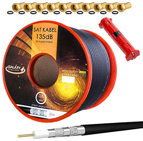 HB-Digital - Cavo antenna satellitare coassiale, in rame, 135 dB, UHD 4K, incluso spelafili e 10 connettori F (dorati)