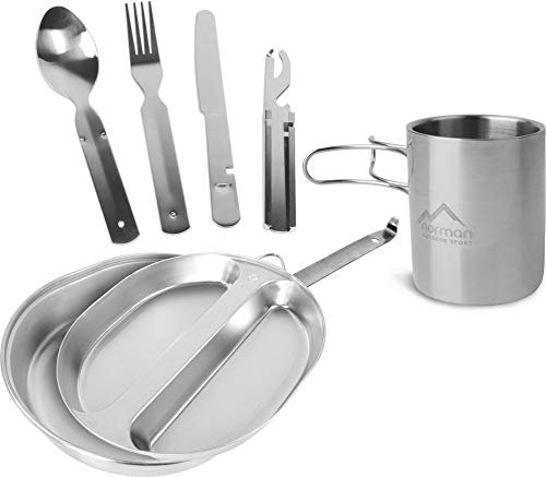 normani Outdoor Geschirrset bestehend aus US Kochgeschirr, Thermotasse mit klappbarem Henkel und 5-teiligem Besteck - praktisch und robust aus Edelstahl