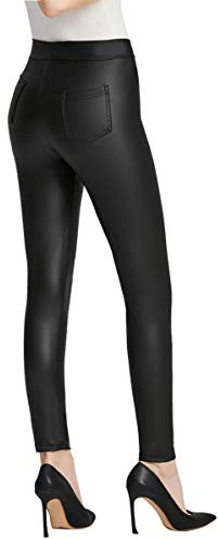 Everbellus Damen Sexy Kunstleder Leggings mit Taschen Skinny Lederhose Schwarz XX-Large