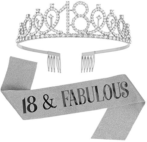 SUSSURRO 18 and Fabulous Sash and Rhinestone Tiara Set,18th Birthday Gifts Birthday Sash for Women Birthday Party Supplies( Silver)