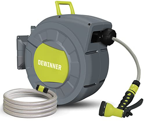 DEWINNER Avvolgitore automatico per tubo da giardino, 20 + 2 m, avvolgitore automatico da parete con ugello spray, supporto per riavvolgimento automatico, uso intensivo, irrigazione esterna del tubo