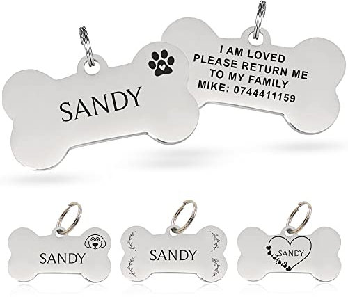 Paul Clover Deep Engraving Personalized Dog ID Tag for Cat Puppy Collar - Pet Owner Gift (Bone Black - L, Stainless Steel Silver - Small)