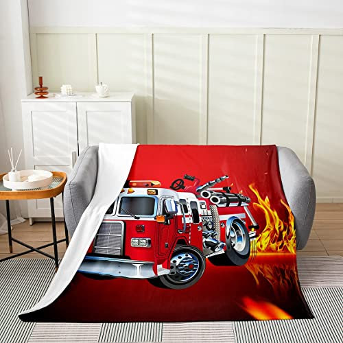 Feuerwehrauto-Bettdecke für Kinder, Feuerwehrmann, 3D-Feuerwehrauto-Fleece, Überwurf, Decke, Flanell, flauschige Decke für Kinder, Jungen, Mädchen, Mikrofaser, Feuerwehrmann, LKW, Plüschdecke,