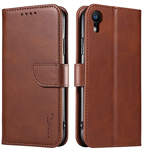 LOLFZ Wallet Case for iPhone XR, Vintage Leather Book Case with Card Holder Kickstand Magnetic Closure Flip Case Cover for iPhone XR - Coffee Brown
