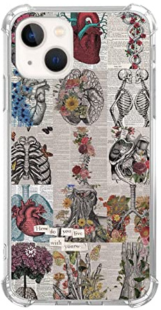 Enughselso Aesthetic Biology Zeitung Schädel Skelton Hülle Kompatibel mit iPhone 13 Anatomy Collage Artsy Hülle für iPhone 13 für Teenager Männer und Frauen, Coole Niedliche TPU Bumper Handyhülle