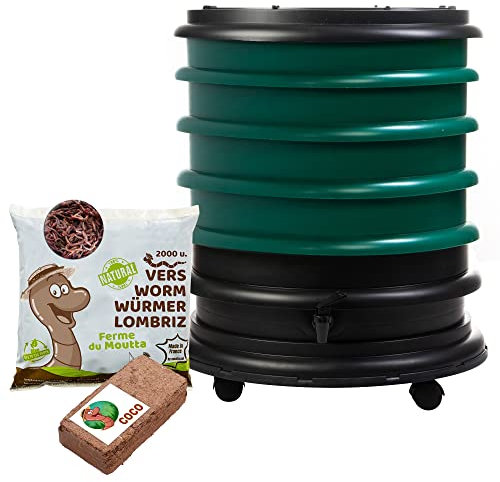 WORMbox | Vermicompostador Compostera 4 bandejas Verde Oscuro + 1kg de Lombrices / 2000 und + 1 Coco | 64 litros | Composta residuos orgánicos, lombrices producen Humus de Lombriz