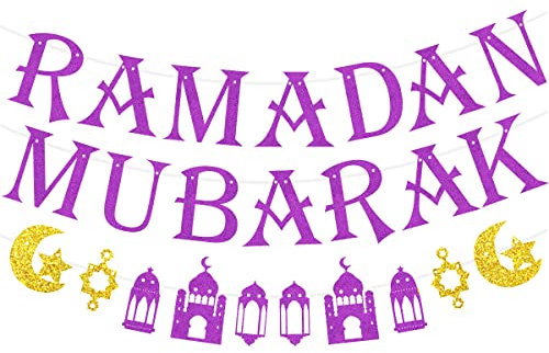 Ramadan Dekorationen, Ramadan Mubarak Banner für Home Glitter Ramadan Bunting Ramadan Banner für Islamische Party Dekorationen, lila