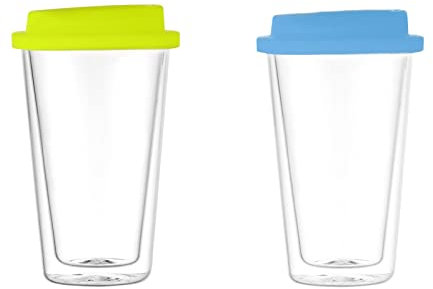 Plcnn 2 vasos de vidrio de doble pared para llevar, taza de viaje reutilizable transparente de 12 onzas con tapa de silicona aislada, tazas de viaje de vidrio de doble pared para café, leche