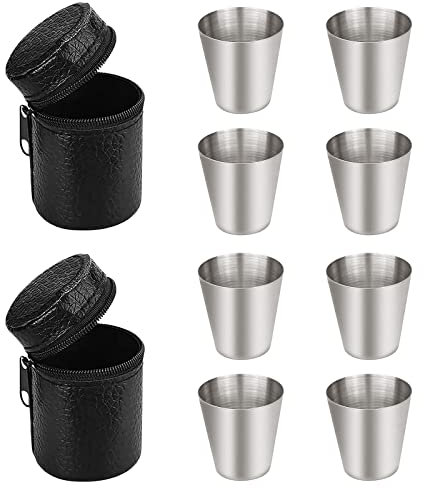Ksvaye 8 Stück Edelstahlbecher 70ml Edelstahl Becher Tragbar Metallbecher Stapelbar Trinkbecher Bruchsicher BPA-frei Reisebecher Campingbecher mit 2 Ledertasche für Outdoor Camping Picknick Wandern