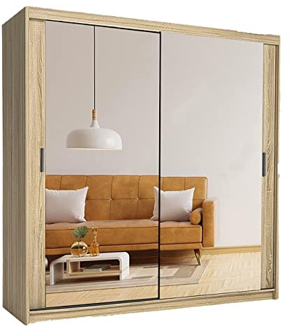 Samsun Modern Double Sliding Mirror Door Wardrobe Bedroom with Adjustable Hanging Rails, Shelves Storage Cupboard For Home Furniture (Oak, 150cm)