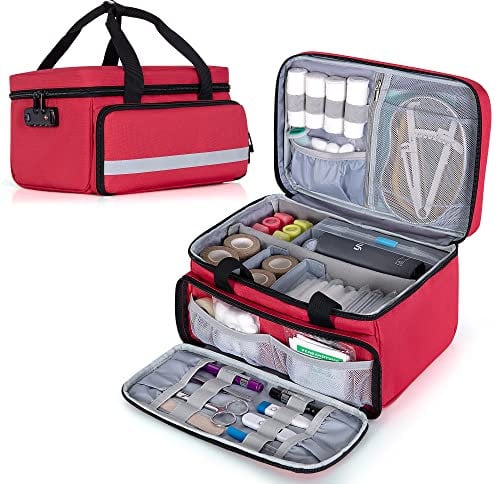 CURMIO Erste Hilfe Tasche Leer, Tragbar Medizinische Tasche mit Zahlenschloss, Notfalltasche für Zuhause, Reisen und Outdoor, Rot (Patent Angemeldet)