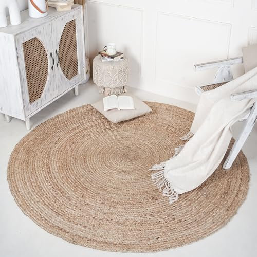 RAJRANG Hand Woven Jute Round Rug 91 cm Natural Reversible Farmhouse Circle Rugs for Bedroom, Kitchen, Living Room