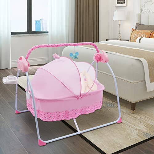 Electric Baby Crib Cradle 0-25Kg Infant Rocker Auto Swing Bed Cradle Portable Swing Stand Seat Remote Chair Bed Automatic Rocking Chair for 0-18 Months Baby, 5 Gears Adjustable, Pink (No Battery)