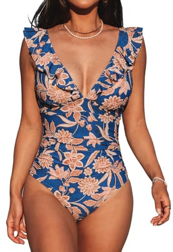 CUPSHE Damen Badeanzug V Ausschnitt Rüschen Bauchweg Raffungen Blumenmuster Lace Up Einteilige Bademode Swimsuit Marineblaues Paisleymuster L