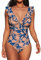 CUPSHE Damen Badeanzug V Ausschnitt Rüschen Bauchweg Raffungen Blumenmuster Lace Up Einteilige Bademode Swimsuit Marineblaues Paisleymuster L