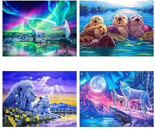 SupLetsico Diamond Painting Erwachsene Kinder, 4 Stück 5D Diamant Painting Bilder, Tiere Diamant Malerei Diamant Kunst Volle DIY Kristall Anfänger Art Set für House Wall Deko(40x30cm)