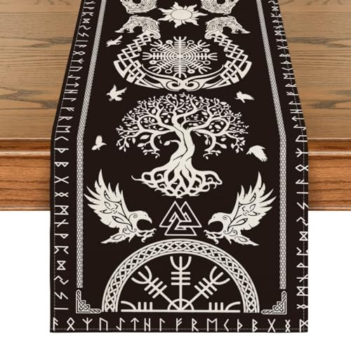 Artoid Mode Schwarz Wikinger Baum des Lebens Rabe Helm der Ehrfurcht Tischläufer, Saisonnal Tisch Dekoration Drinnen Urlaub Party Dekor 40x100 cm