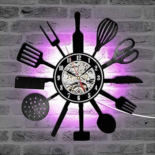 AGlitw Modern Design Vinyl Kitchen Knife and Fork Wall Clock with 7 Colors Replaceable 3D Wall Clock, Suitable for Home Decoration