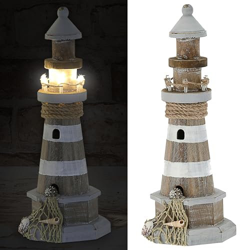 Cepewa LED Deko Leuchtturm │ Holz Kiefernholz Jute H29cmn │ weiß grau Maritime Dekoration │ Leuchtfeuer Richtfeuer (1 x LED Leuchtturm H29cm)