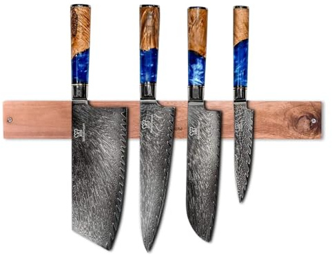 Küchenkompane – Edelstahl Messerset Damast mit magnet. Messerleiste als Messerblock | 5-teiliges Küchenmesser Set im Damast Design | Kochmesser mit ergonomischen Epoxid-Griff | Designed in Germany