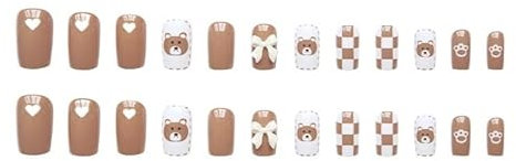 Vinaigrette for ongles de longueur moyenne, damier marron, ours en peluche, patch for faux ongles, 24 pièces