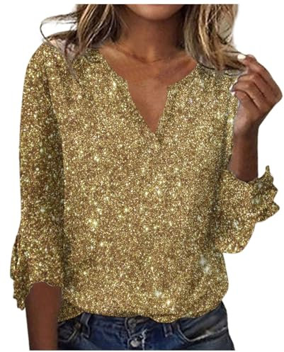 Vasreyy Tshirt schwarz Damen Pullover elegant Silvester Oberteil Fleece für Glitzer Oberteile Italienische Mode Unterhemden Manschettenknöpfe Bluse(S, Gold)