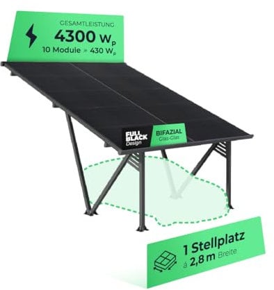Solarway Solar-Carport Gestell aus Aluminium mit 4300 Watt - inklusive 10 bifazialen Glas/Glas Solarpanels mit je 430 Watt - versiegeltes Dach mit Regenrinne für besten Witterungsschutz