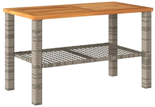 vidaXL Gartentisch, Beistelltisch für Garten Terrasse, Couchtisch mit Holzplatte, Balkontisch Kaffeetisch Gartenmöbel, Grau Poly Rattan Akazienholz