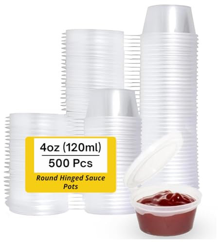 Mega Packaging 4oz (500Pcs) Clear Round Hinged Pots with Lids - Portion Cups with Hinged Lids - Deli Pots, Perfect for Takeaways, Restaurants, Sauces, Ketchup, Food Storage Container