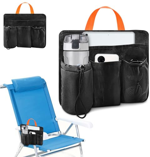Emsiok Beach Chair Cup Phone Holder Attachment Black Camp Chair Side Pocket Organizer Beach Chair Accessories Pouch Camping Chair Armrest Storage Bag with 4 Pockets for Water Bottle Sunglasse Book