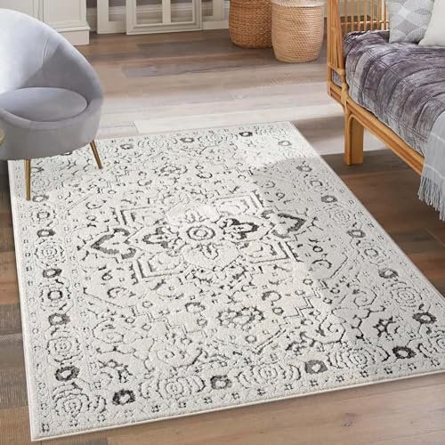 carpet city Kurzflor Teppich Grau, Creme - 160x230 cm - Wohnzimmer-Teppiche Hochtief-Muster, 3D-Effekt - Ornamente - Flachflor Bodenbelag, Deko Schlafzimmer
