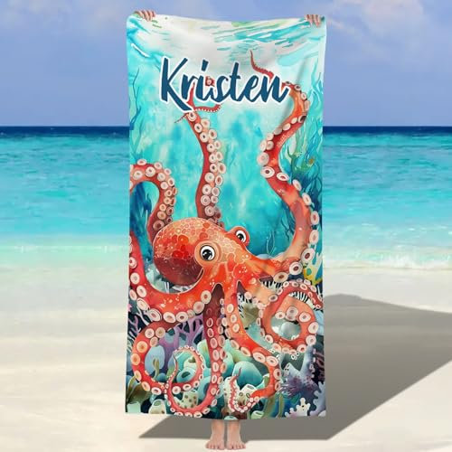 Jodimitty Mikrofaser Strandtuch Personalisiertes Name Wasserabsorbierend Schnelltrocknend Strandhandtuch für Erwachsene Kinder Strand Schwimmbad, 60x120cm/76x152cm/90x180cm (Oktopus)