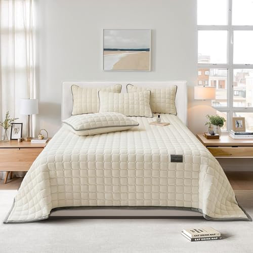 OKYUK Luxus-Samt-Bettwäsche-Set, Tagesdecke, Stepp-Bettwäsche-Set, Bettüberwurf oder Sofaüberwurf,mit 2 passenden Kissenbezügen, für alle Jahreszeiten(Beige, 230 * 250cm
